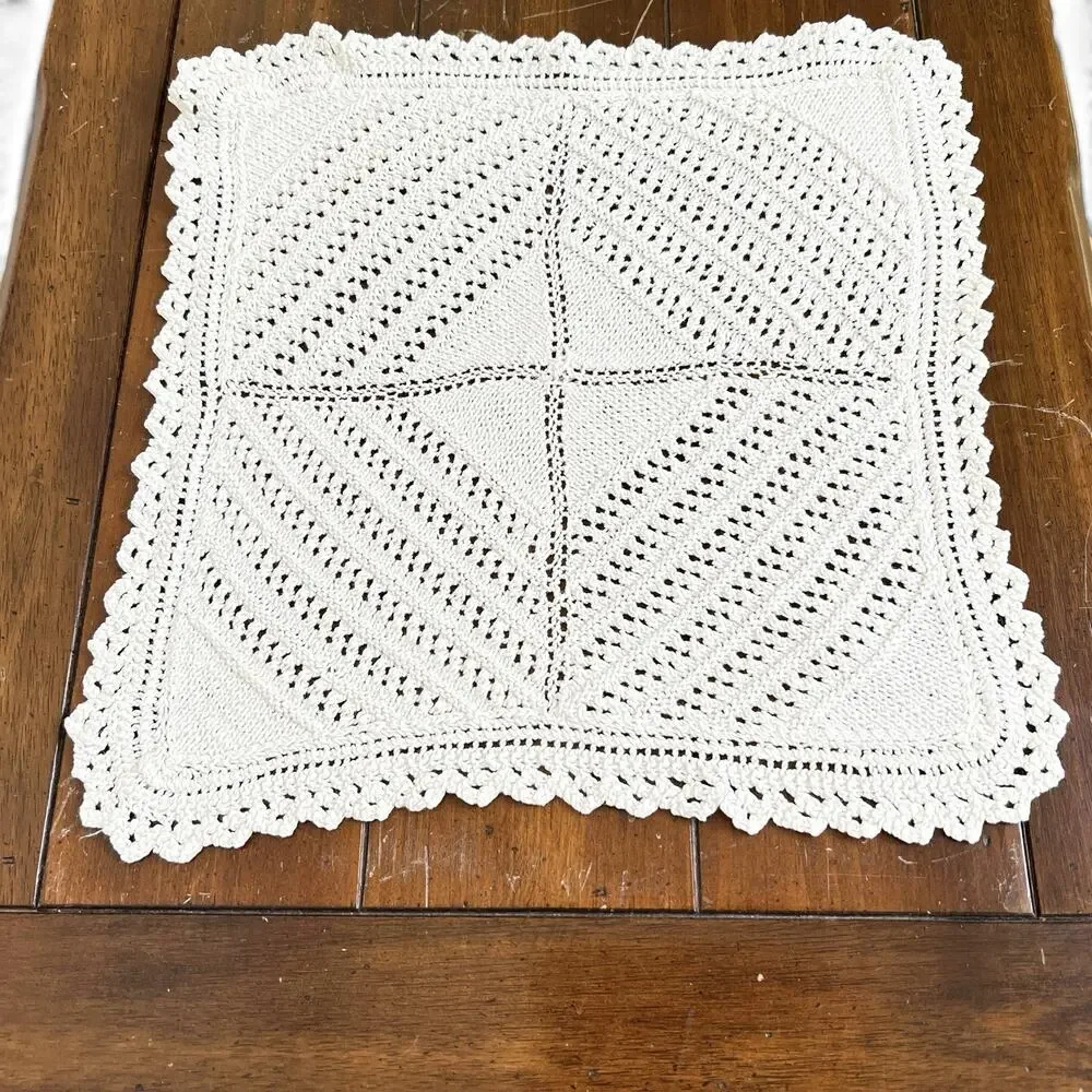 Knitted Lace Doily Off White Square 13